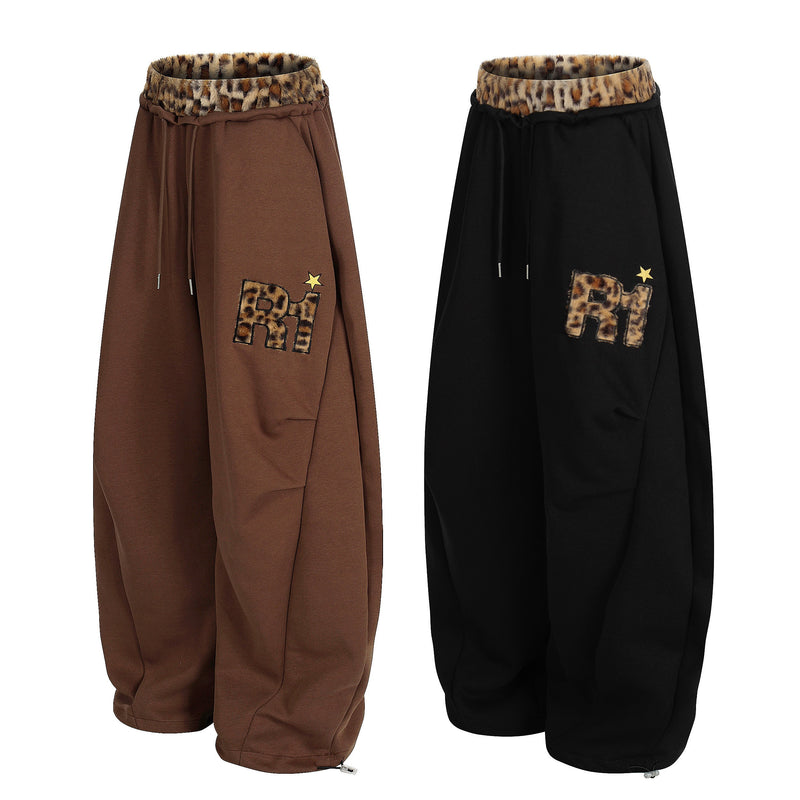 Omirad Leopard Trim Balloon Sweatpants with Chenille Patch