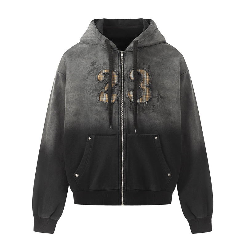 Front view of black washed zip-up hoodie with number 23 plaid graphic