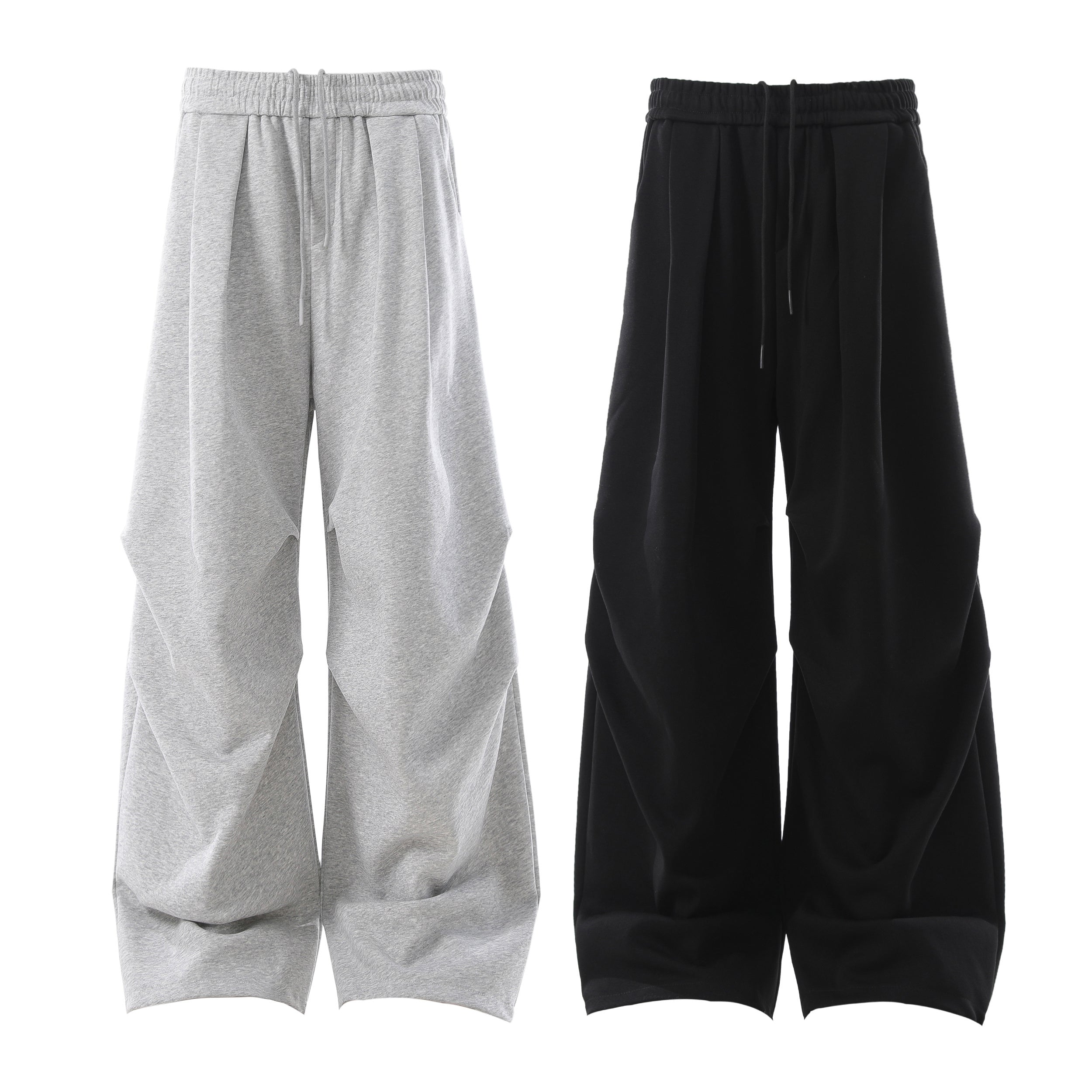 Heather grey and black sculpted 3D pleat wide-leg sweatpants with elastic drawstring waistband, shown flat on white backgroun