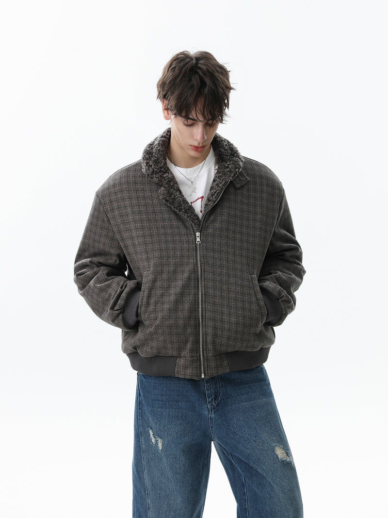 Check Pattern Faux Fur Collar Bomber Jacket | Omirad