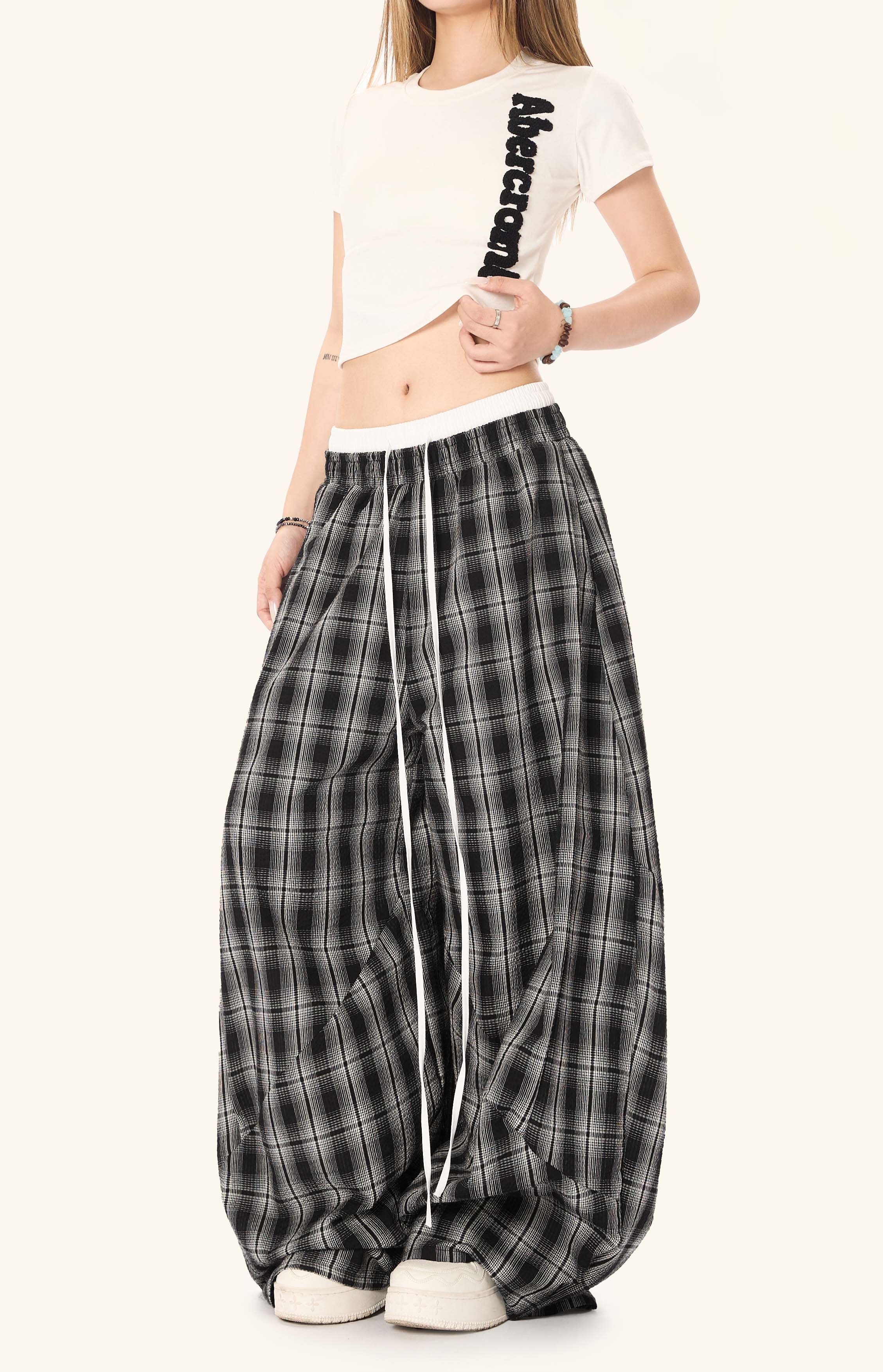 Omirad Plaid Barrel-Leg Pants | Wide-Leg Streetwear Trousers