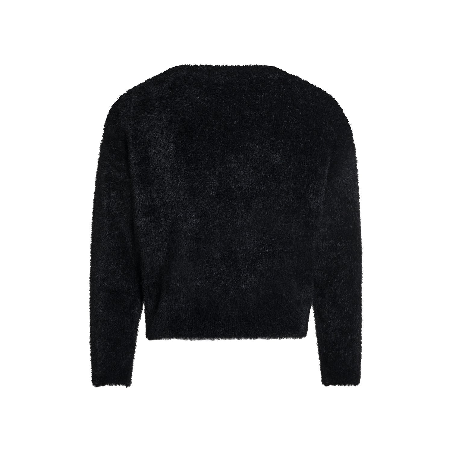 Omirad Fluffy Crest Knit Sweater | Black Graphic Fuzzy Pullover