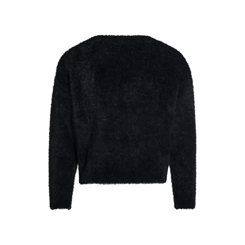 Back view of a black fluffy knit sweater with a plain fuzzy surface