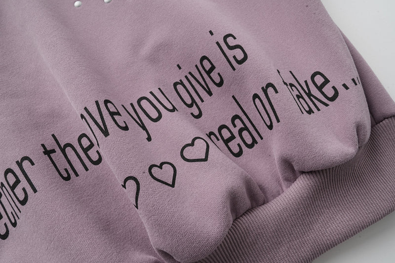Back text print on lavender hoodie with heart outlines