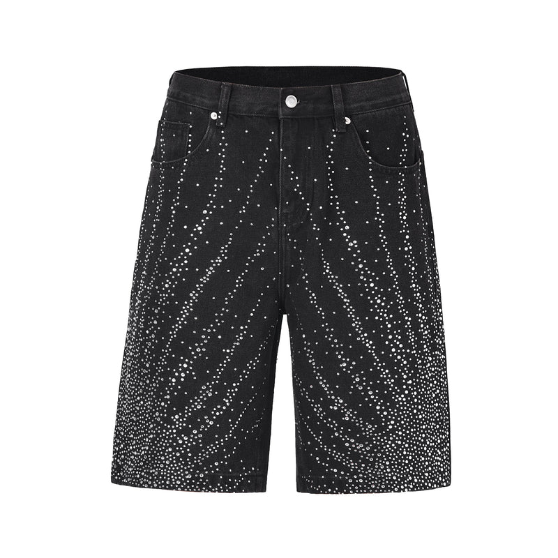 Front view of black denim shorts with allover rhinestone burst pattern