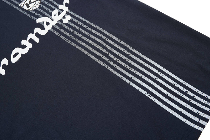 Dark navy sport tee with white curved graphic and distressed stripe lines across the chest