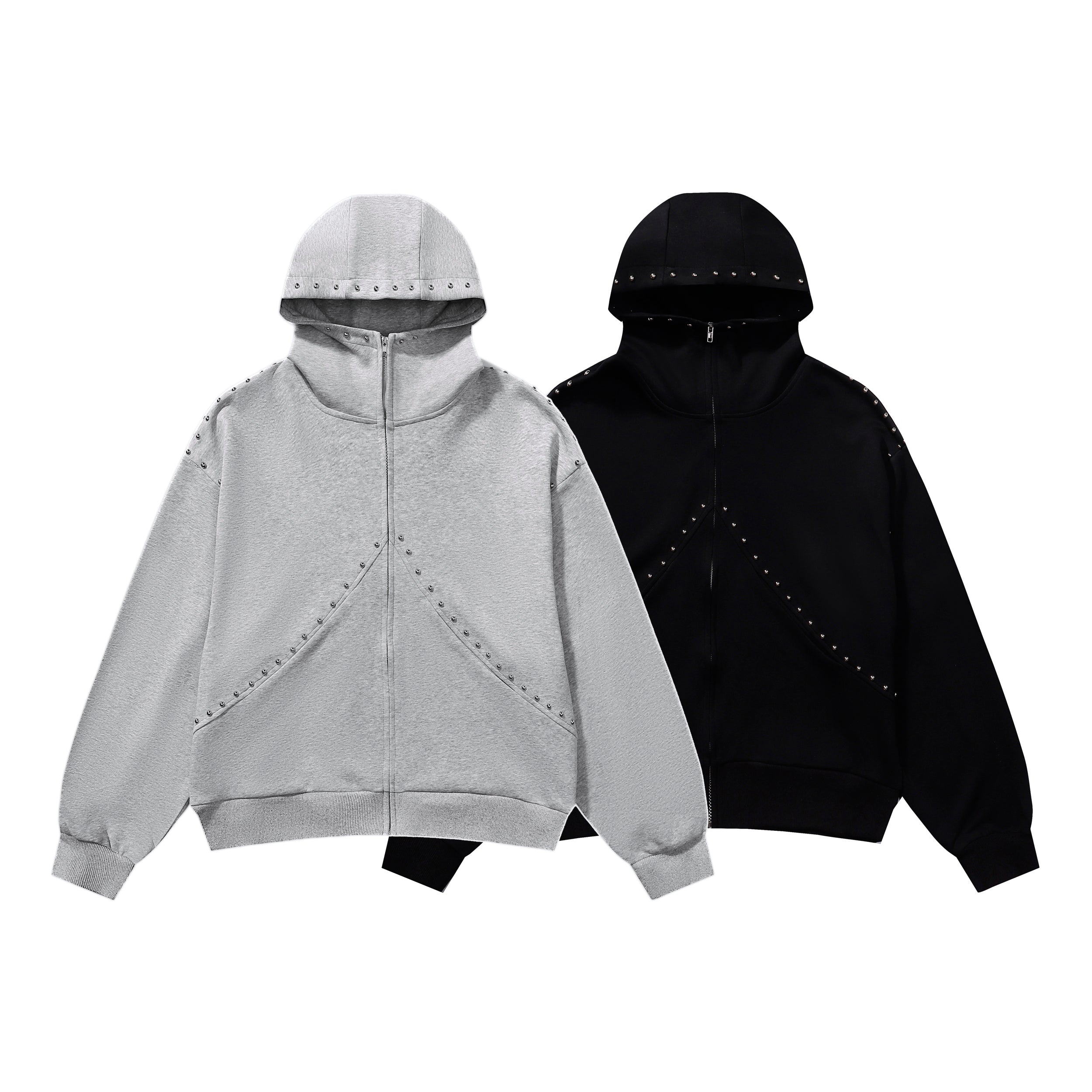 Omirad Studded Arc Zip Hoodie in heather grey and black, front view showing metal stud arc panel detailing and full-zip closu