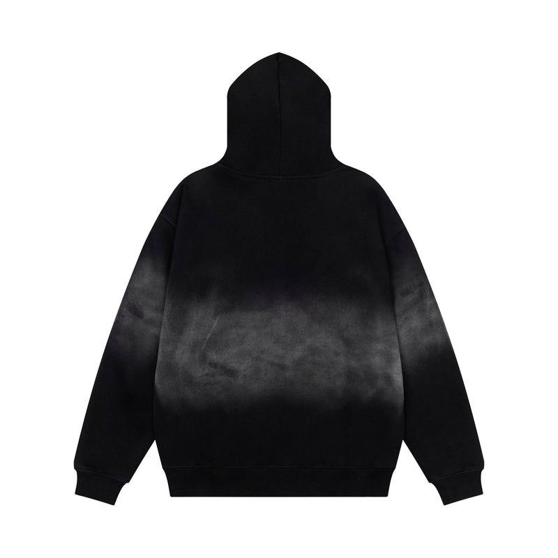Back view of black zip-up hoodie with hood and faded wash effect