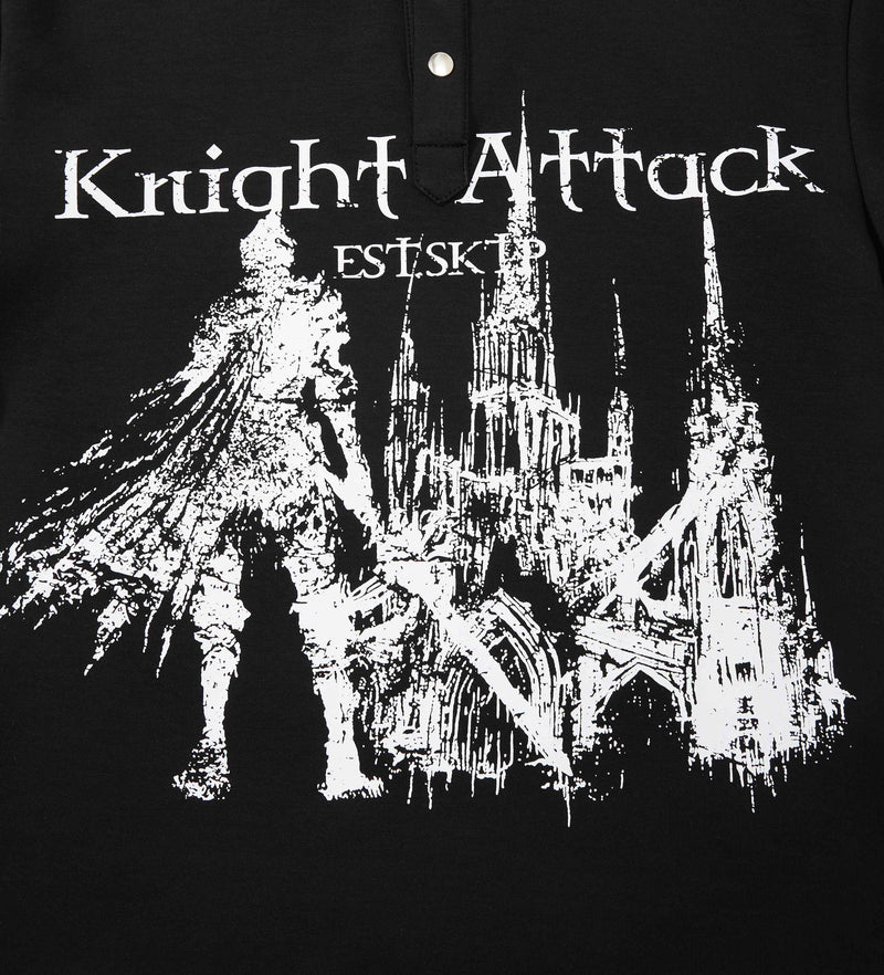 Black polo tee with white Knight Attack medieval graphic and gothic cathedral print across the chest