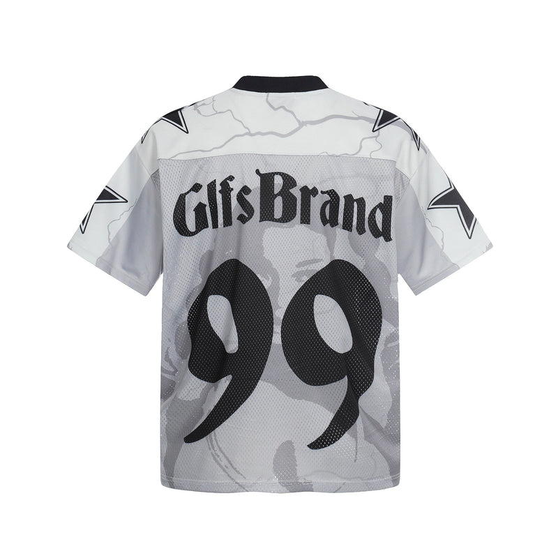 Gray mesh football jersey with black 99 graphic, GlfsBrand logo, and star-patterned sleeves on a white background
