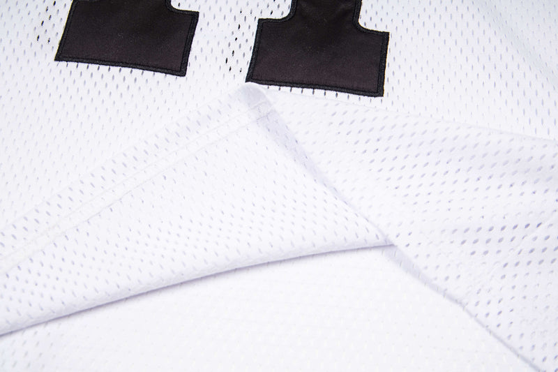 White mesh football jersey tee with black number detailing and textured varsity streetwear styling