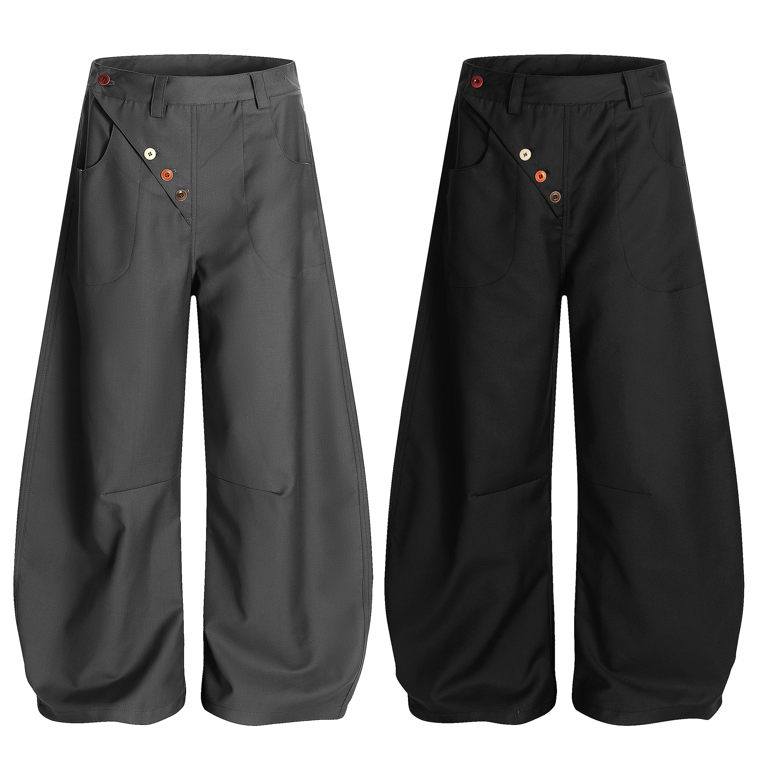 Omirad wide-leg utility pants in charcoal grey and black with asymmetrical multi-button front detail and patch pockets