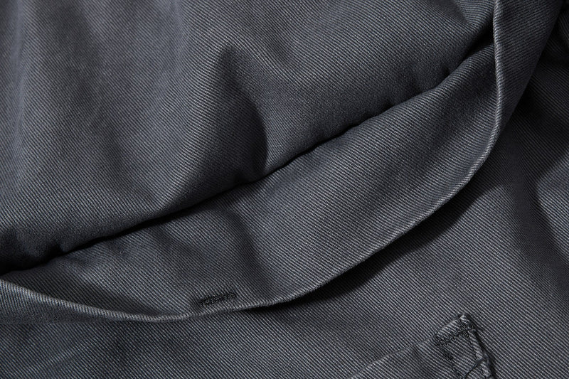 Close-up of dark gray fabric texture on wide-leg pants