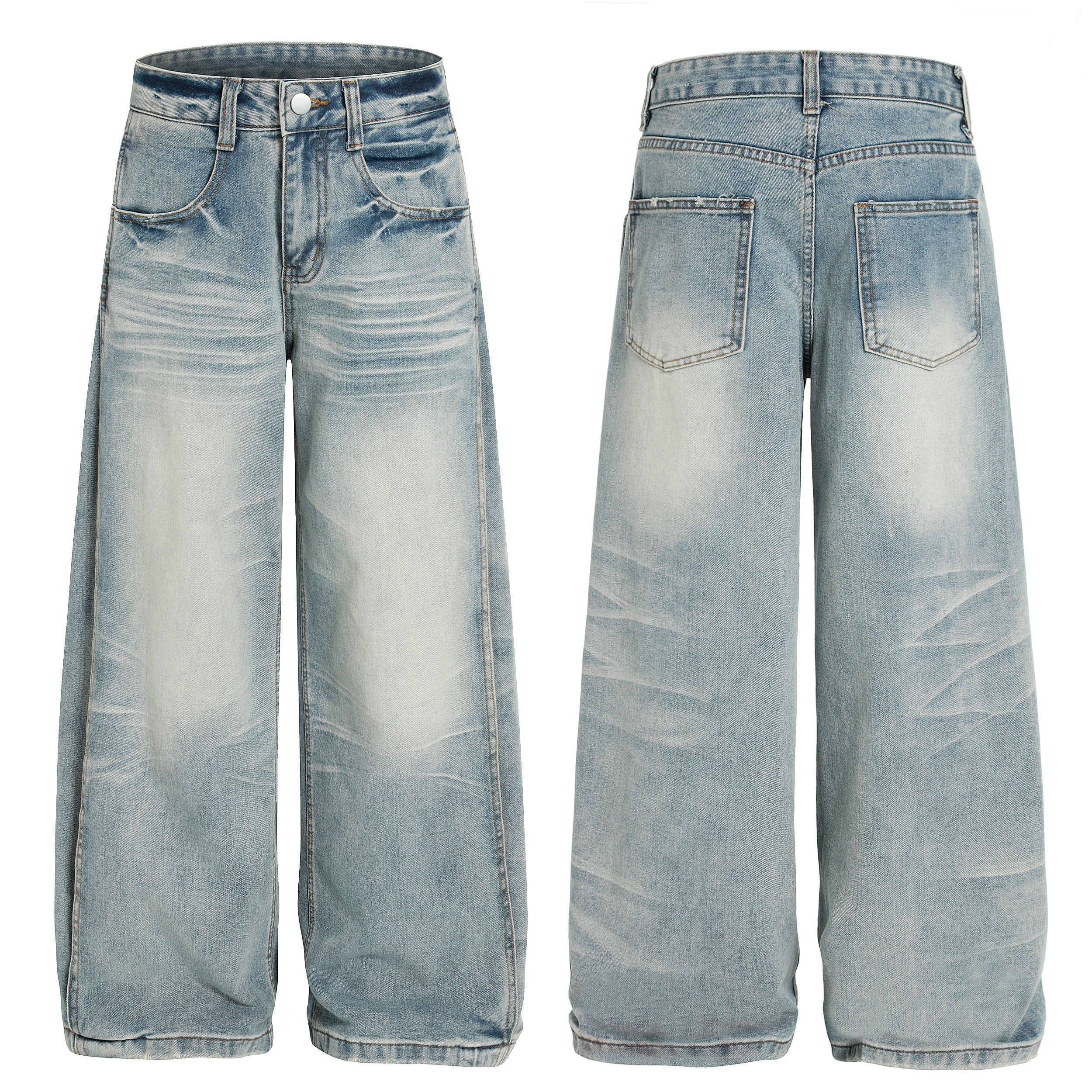 Front and back view of light blue vintage wash wide-leg denim pants with whisker fade details and five-pocket construction