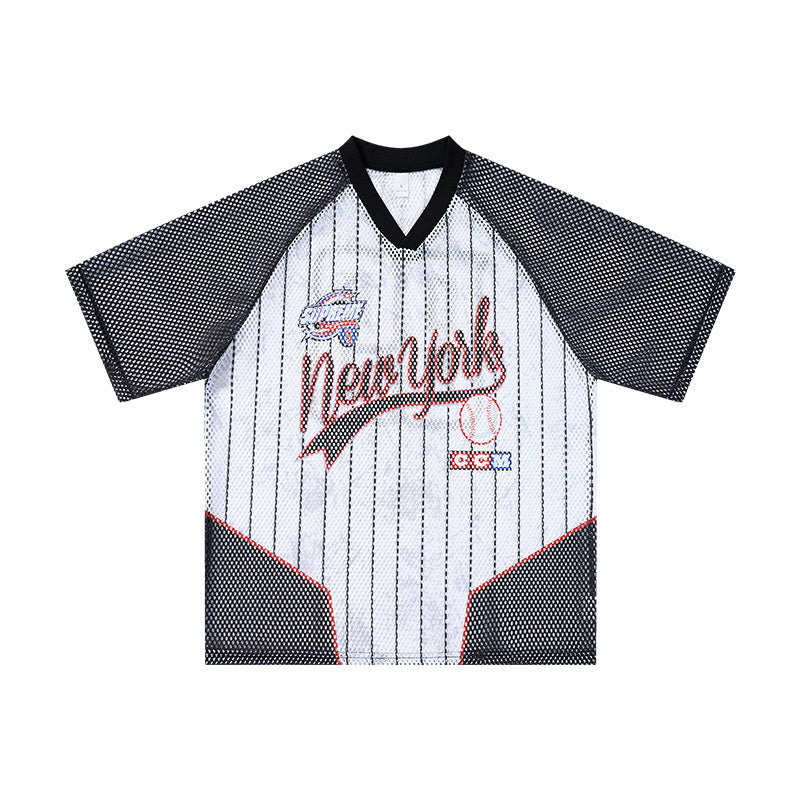 Omirad New York 89 pinstripe mesh jersey t-shirt with black raglan sleeves and red contrast panels, front view