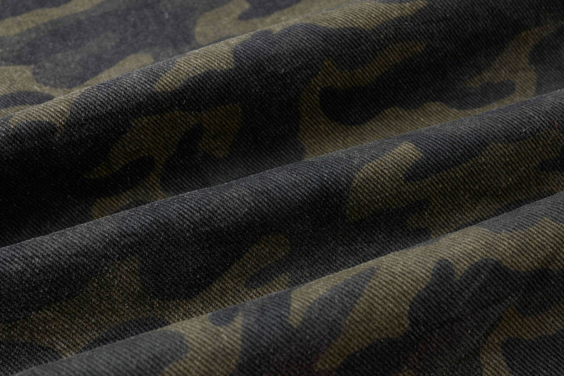 Close-up of camo fabric showing diagonal ribbed texture and olive-black pattern