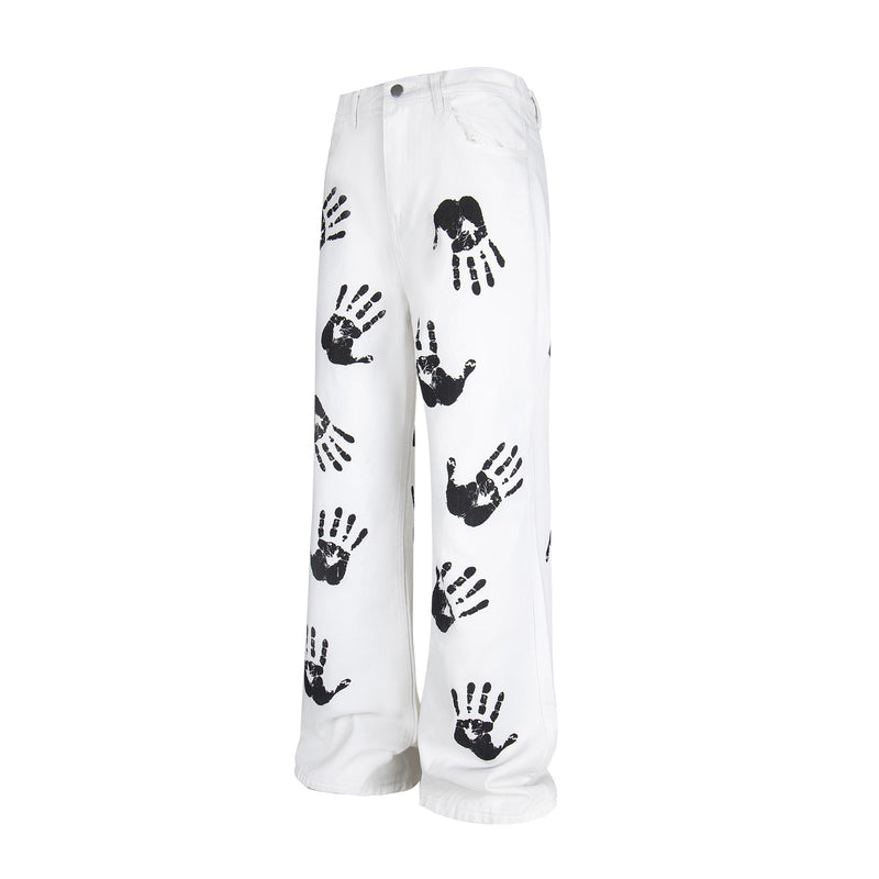 Omirad Handprint White Denim Pants | Wide-Leg Street Style