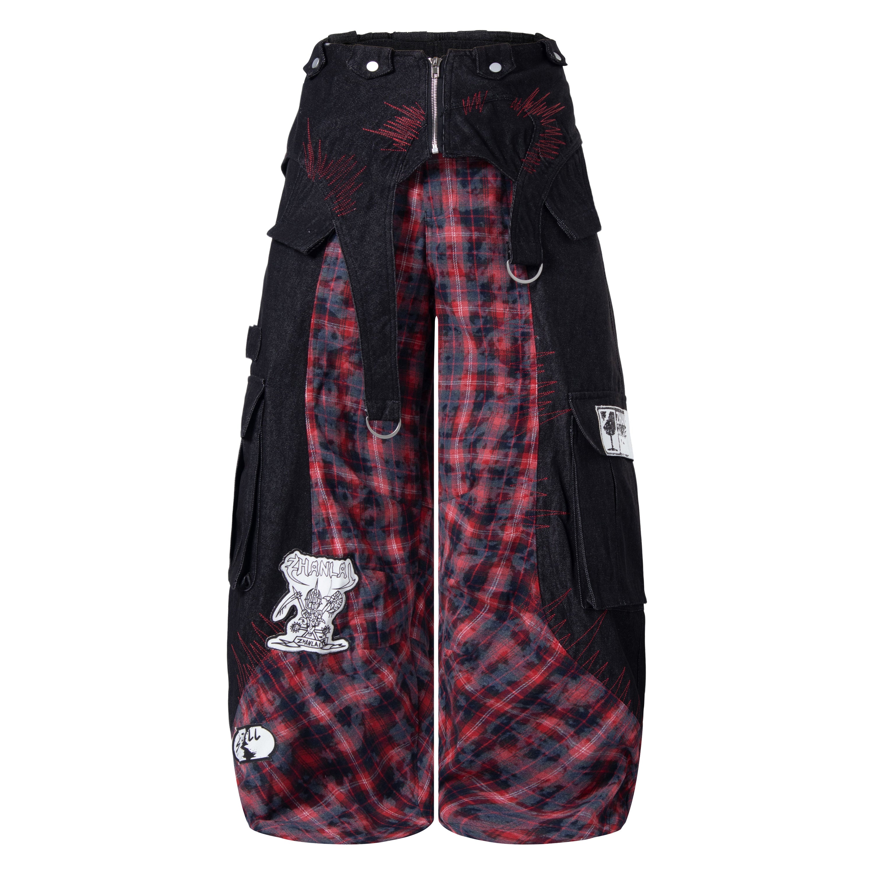 Punk Layered Plaid Panel Wide-Leg Cargo Pants | SEAKOFF