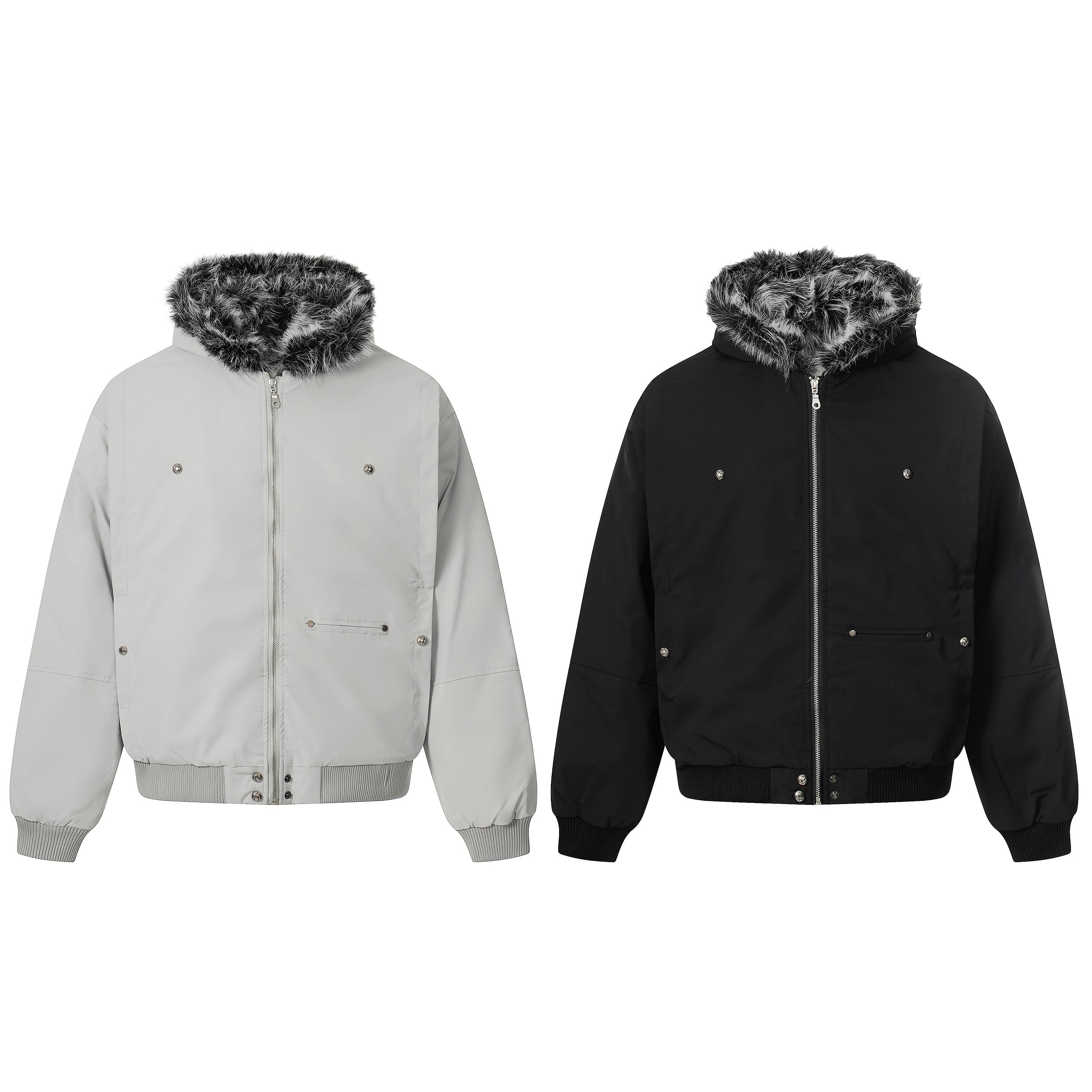 Light grey oversized utility bomber jacket with detachable black and grey faux fur hood and silver snap buttons
