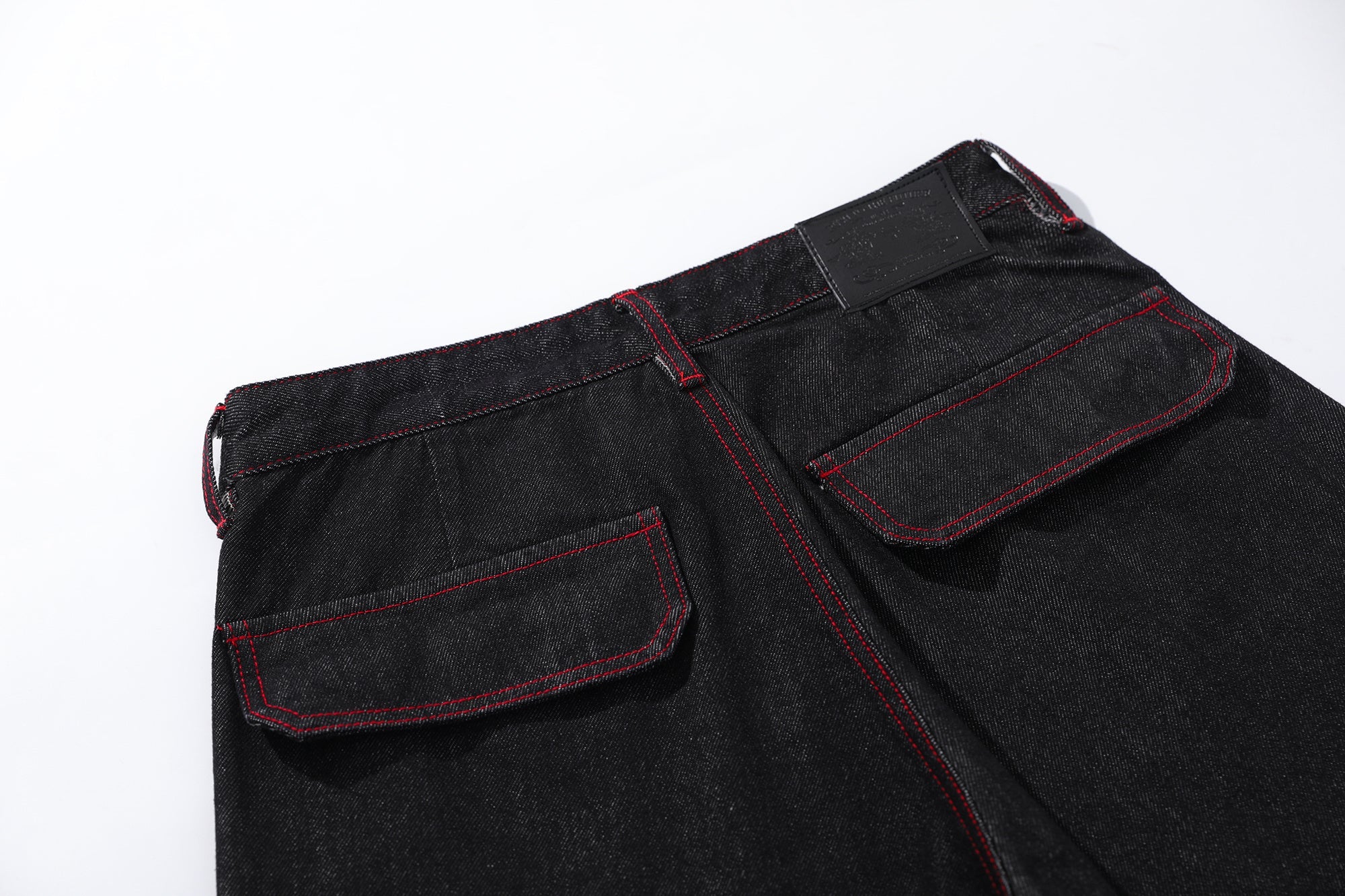 Omirad Red-Stitch Curved Cargo Denim Pants | Wide Leg