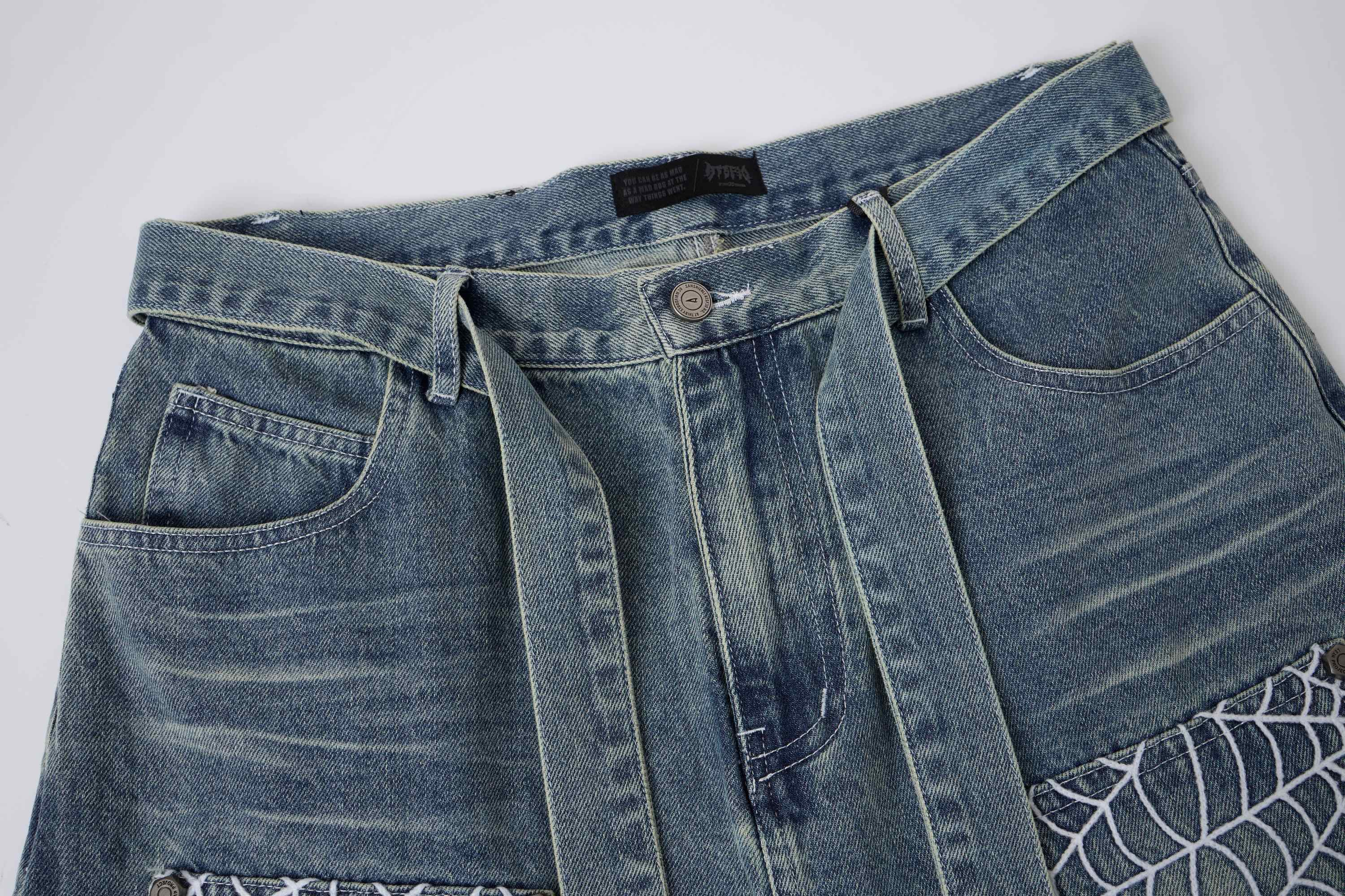 Spiderweb Panel Strap Denim Shorts | Washed Black Streetwear