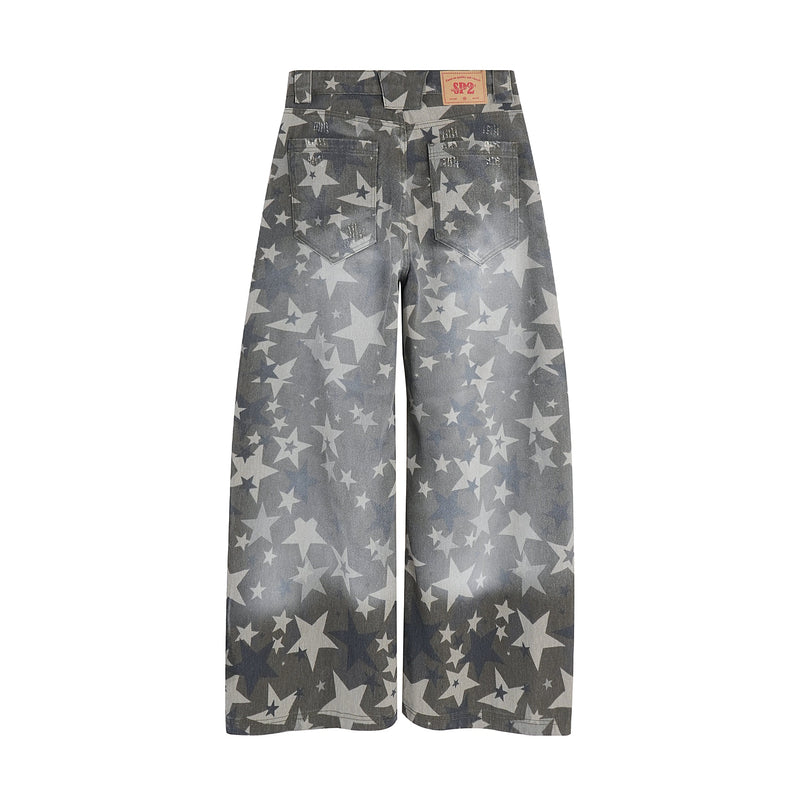 Back view of gray star print wide-leg denim pants with patch pockets