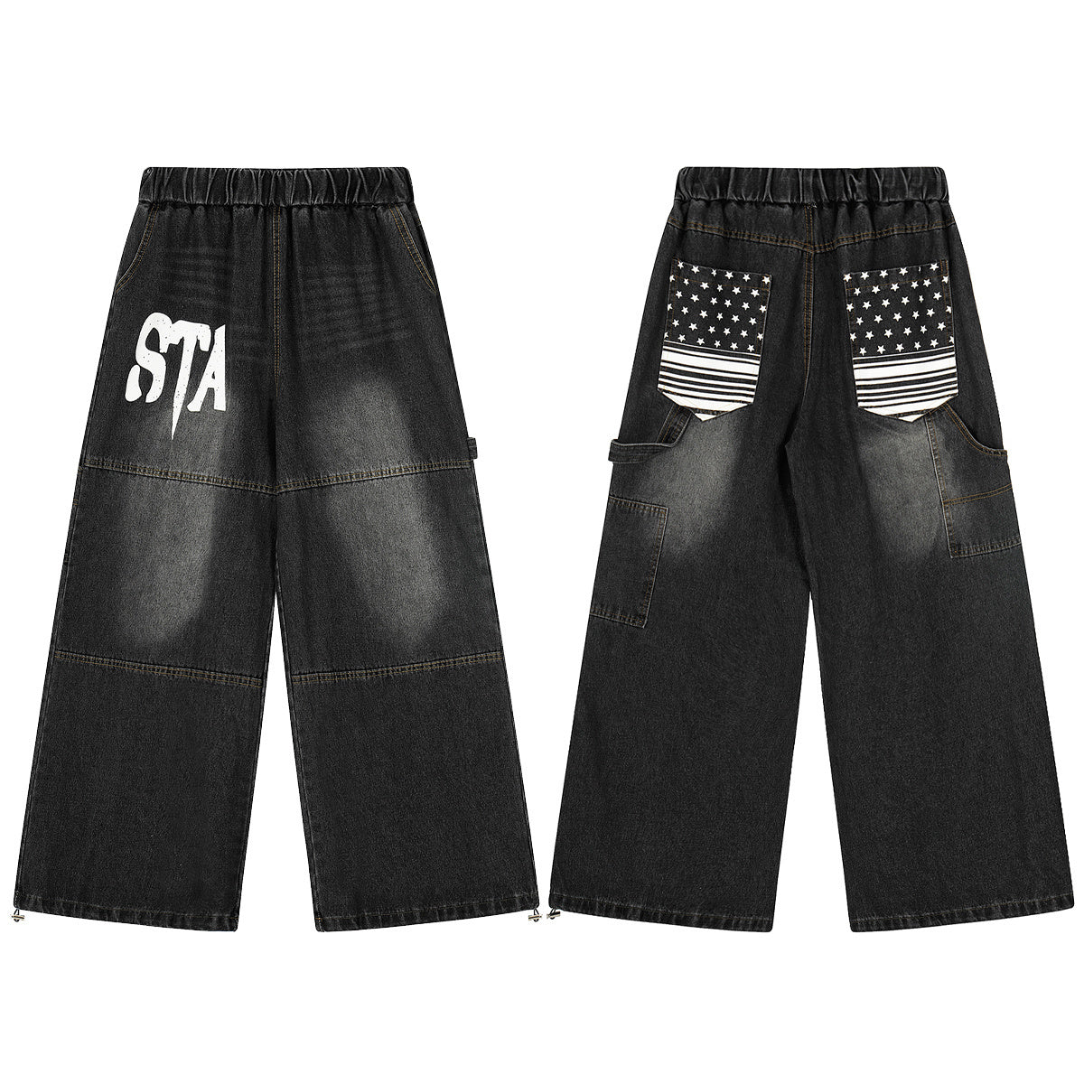 Front and back view of Omirad Star Flag wide-leg black washed denim pants with STA graphic print and flag-motif back pocket