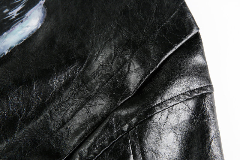 Omirad PU Leather Graphic Jacket | Black Crinkle Streetwear