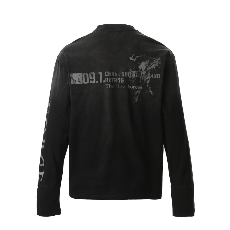 Black long-sleeve tee back view with faded 09.1 text graphic and distressed print
