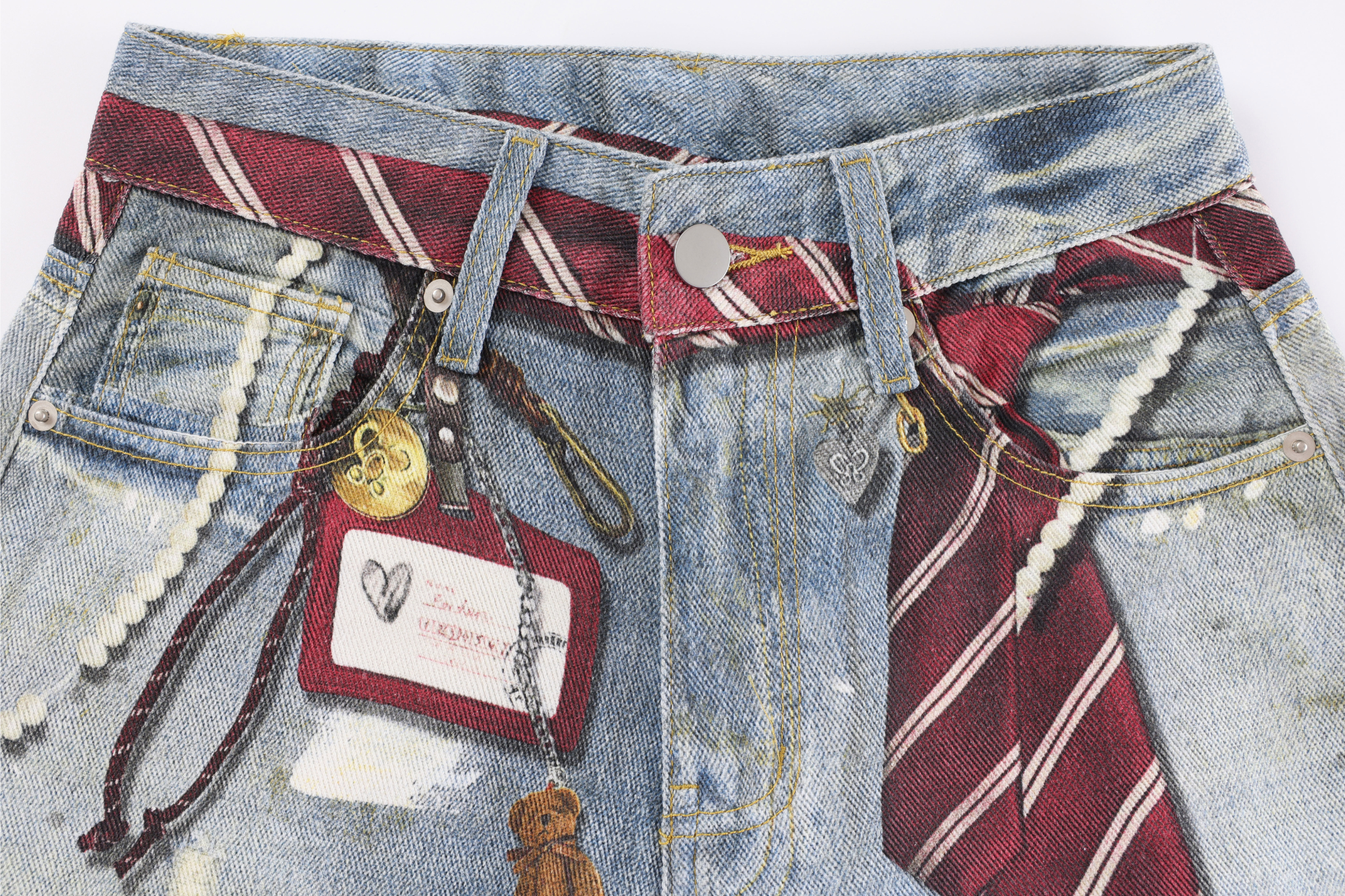 Distressed Barrel Leg Jeans with Tie Belt & Keychain Detail