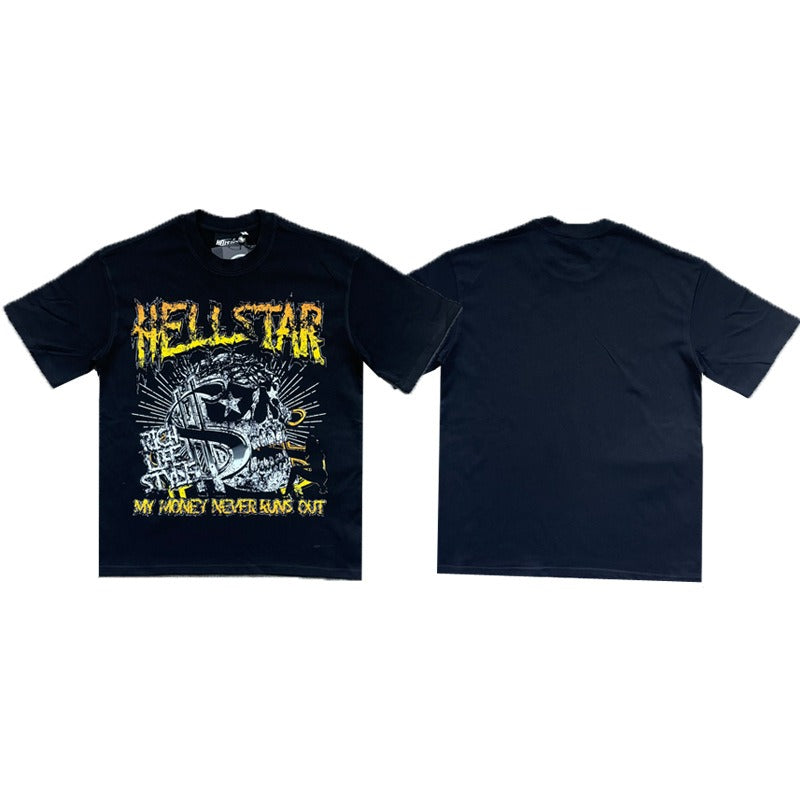 Hellstar 돈은 절대 티셔츠를 꺼내지 않습니다-250gsm 면화, 두개골 및 달러 그래픽 스트리트웨어