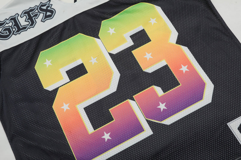 Black football jersey top with rainbow gradient number 23 and GLFS Club branding on the chest