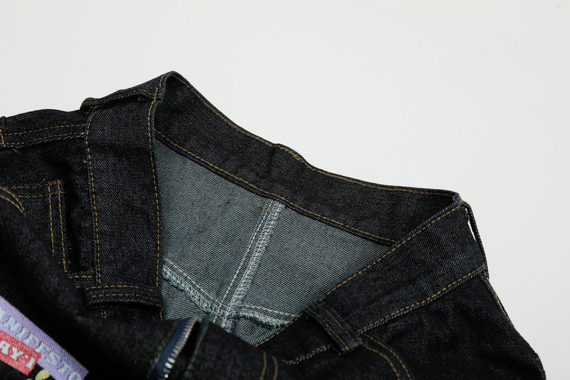 Close-up of the inside waistband and stitched denim seams