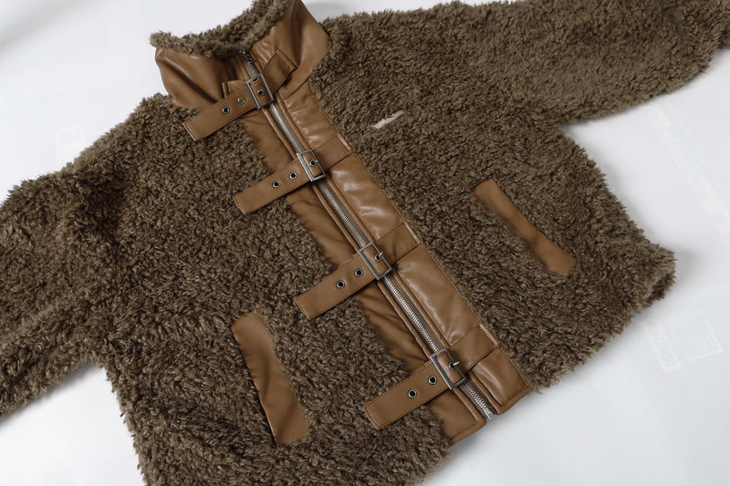 Faux Leather Patchwork Sherpa Bomber Jacket | Omirad