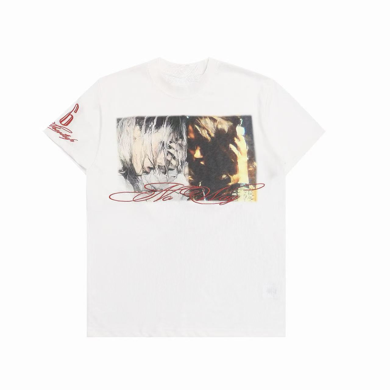 White Omirad vintage graphic t-shirt with cinematic photo print and red script typography on chest
