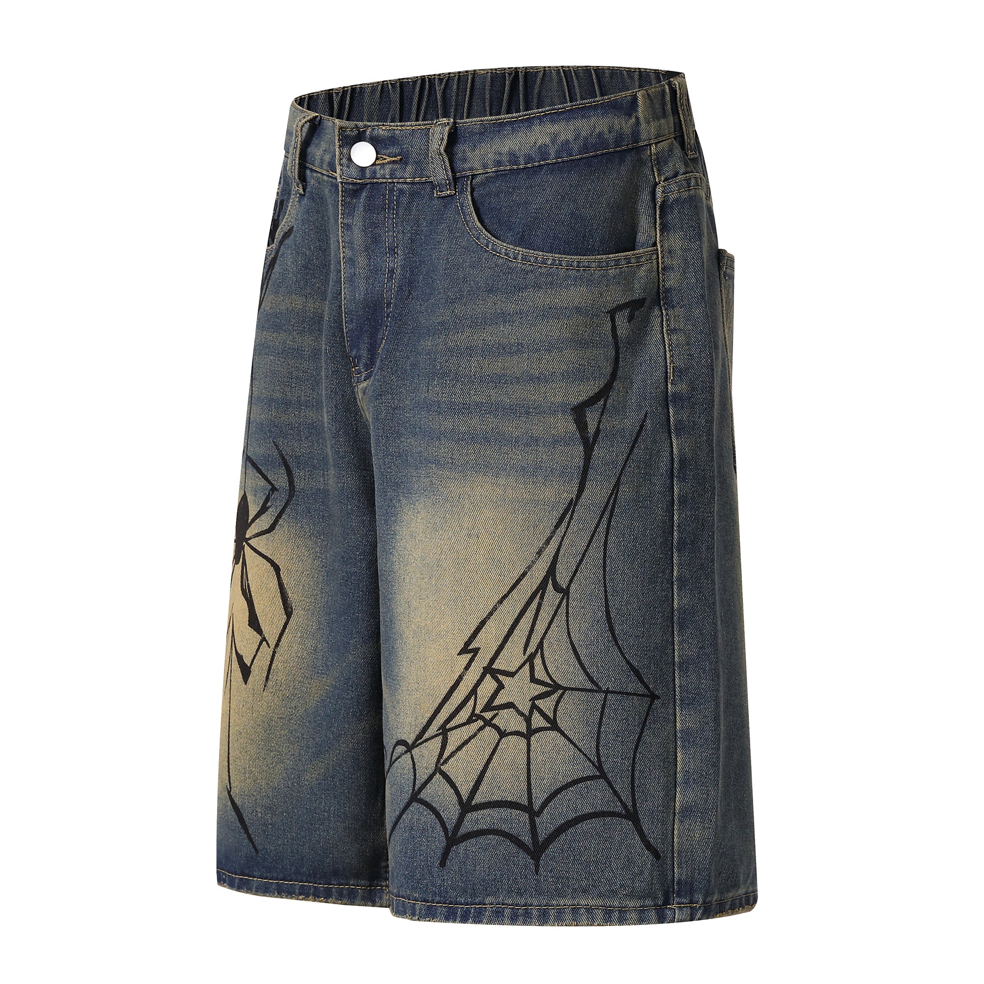 Spider Web Graphic Wide-Leg Denim Shorts | Streetwear