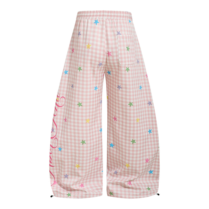 Pastel Gingham Balloon Pants | Y2K Wide-Leg Star Print