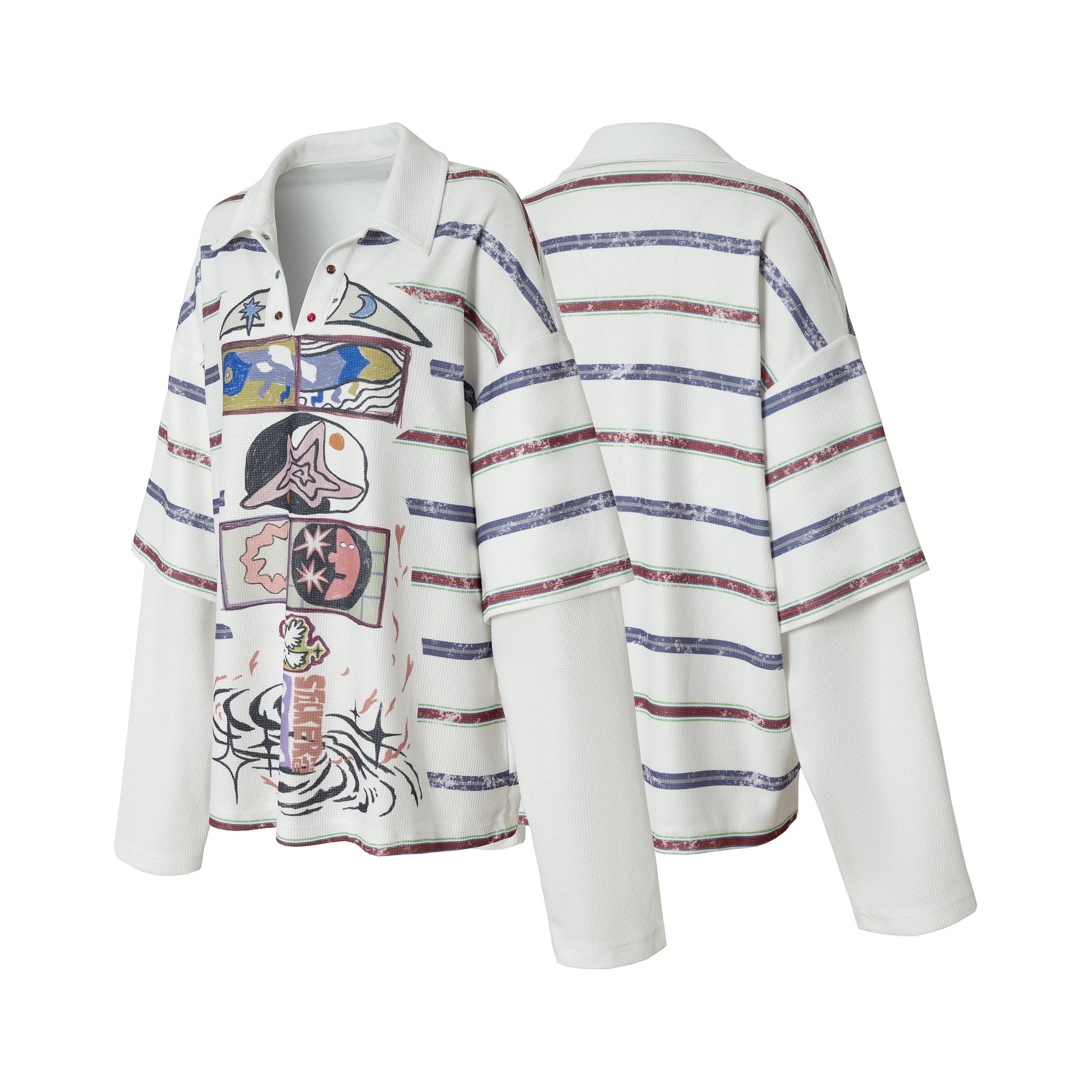 Abstract Graphic Stripe Long-Sleeve Polo Shirt | Streetwear