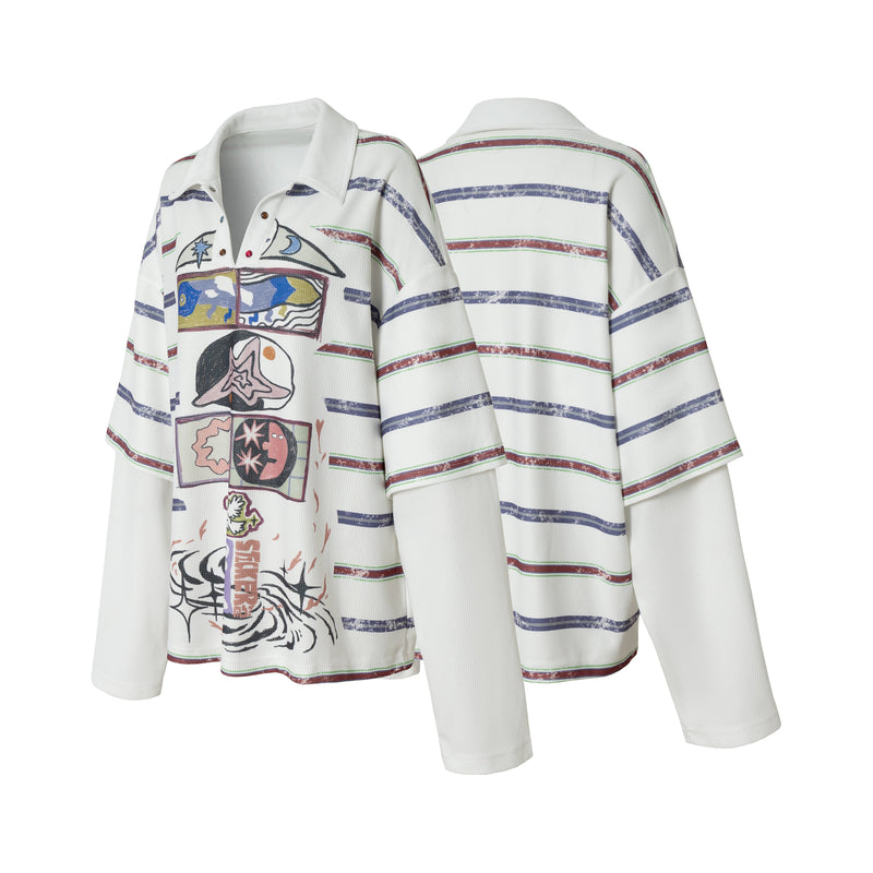 White long-sleeve polo shirt shown at front and back, with abstract graphic print and striped pattern