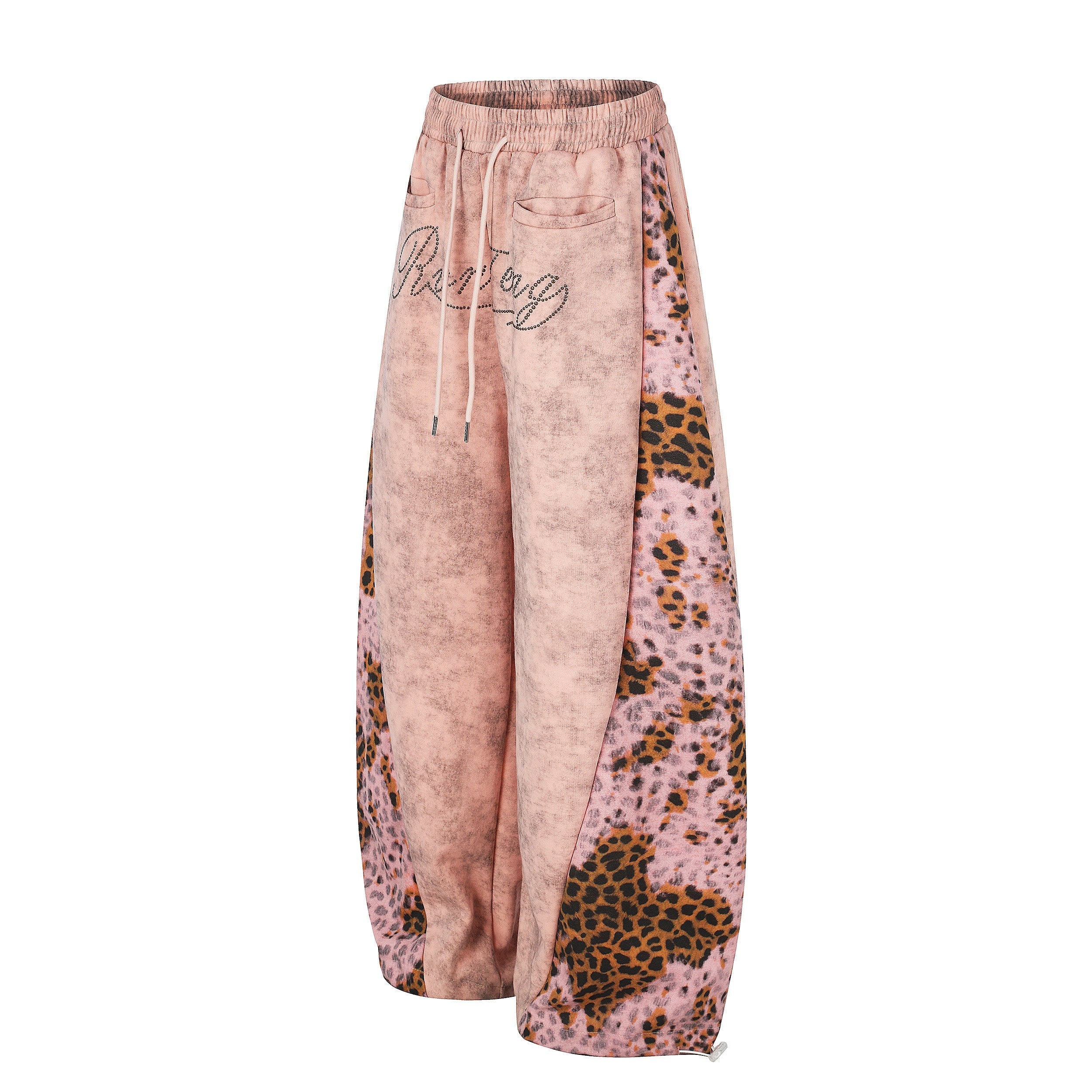 Leopard Panel Wide-Leg Sweatpants | Y2K Rhinestone Logo
