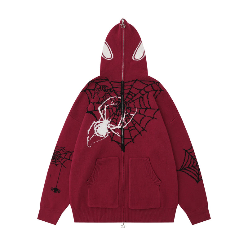 Burgundy zip hoodie front view with black spiderweb knit pattern and white spider graphic