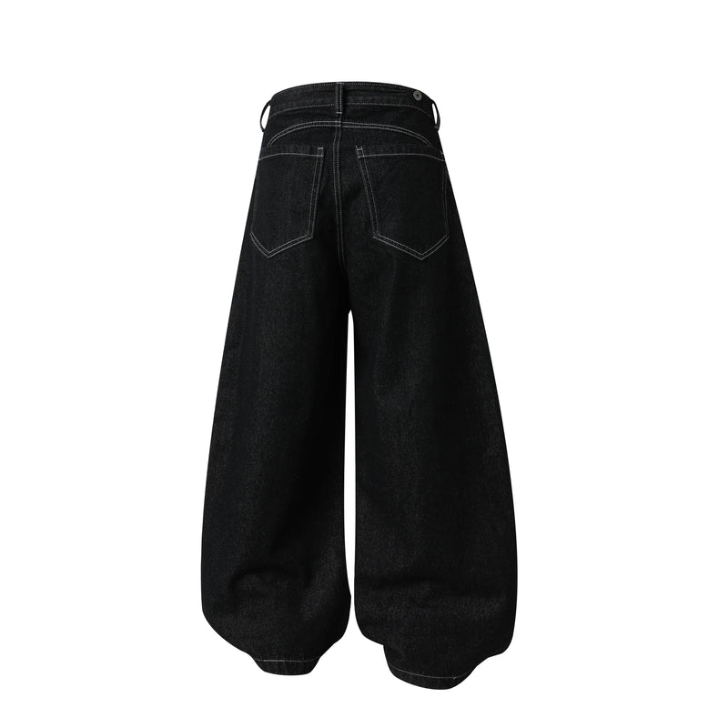 Back view of black wide-leg jeans with rear pockets and no visible strap in front