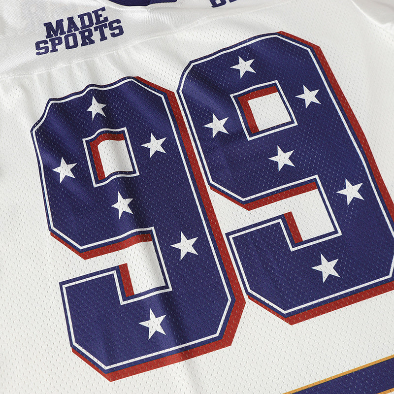 Retro football jersey with large 95 graphic in navy and red on white mesh fabric, streetwear style top