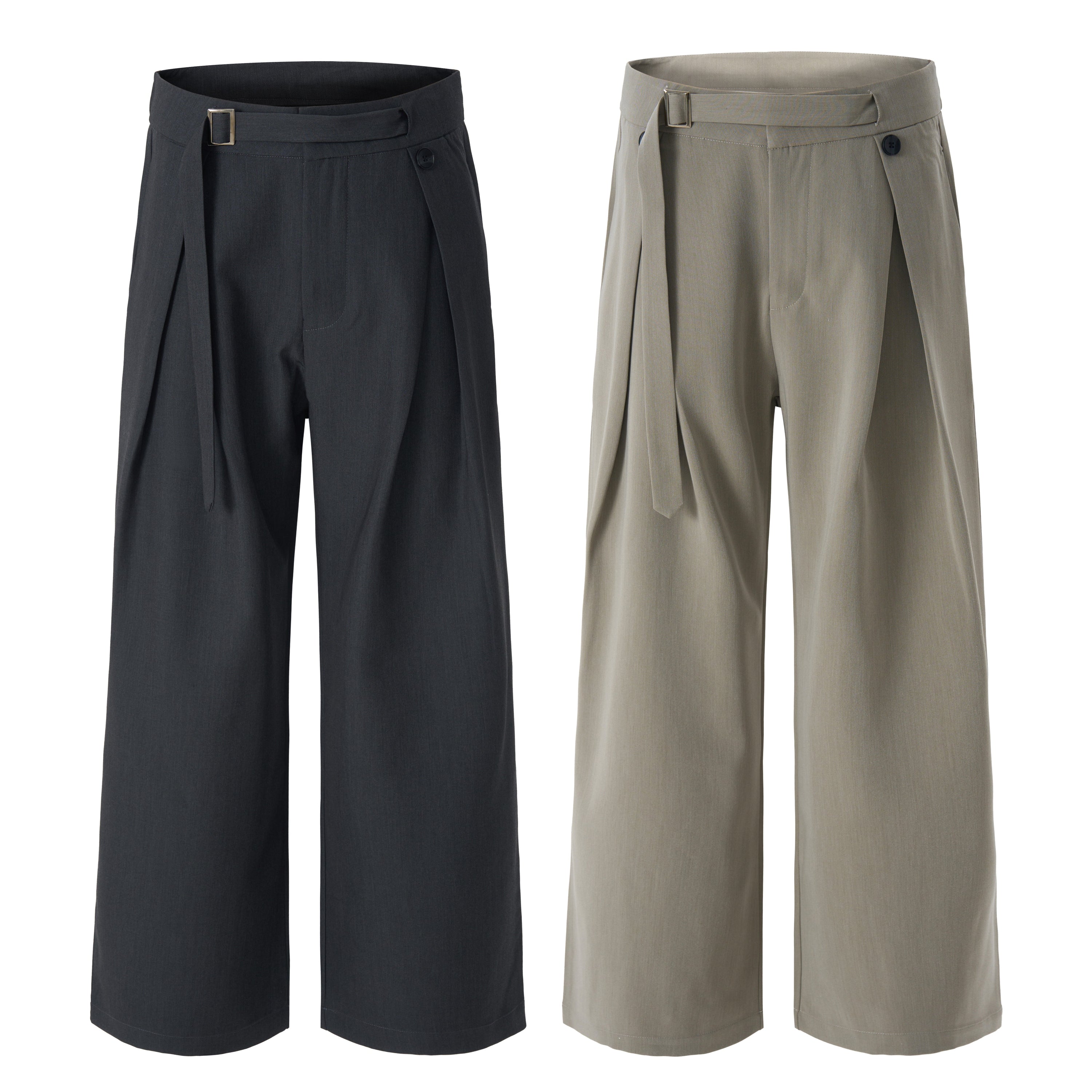 Omirad buckle-wrap wide-leg trousers in dark charcoal and khaki, shown front view with metal buckle and wrap-over panel detai