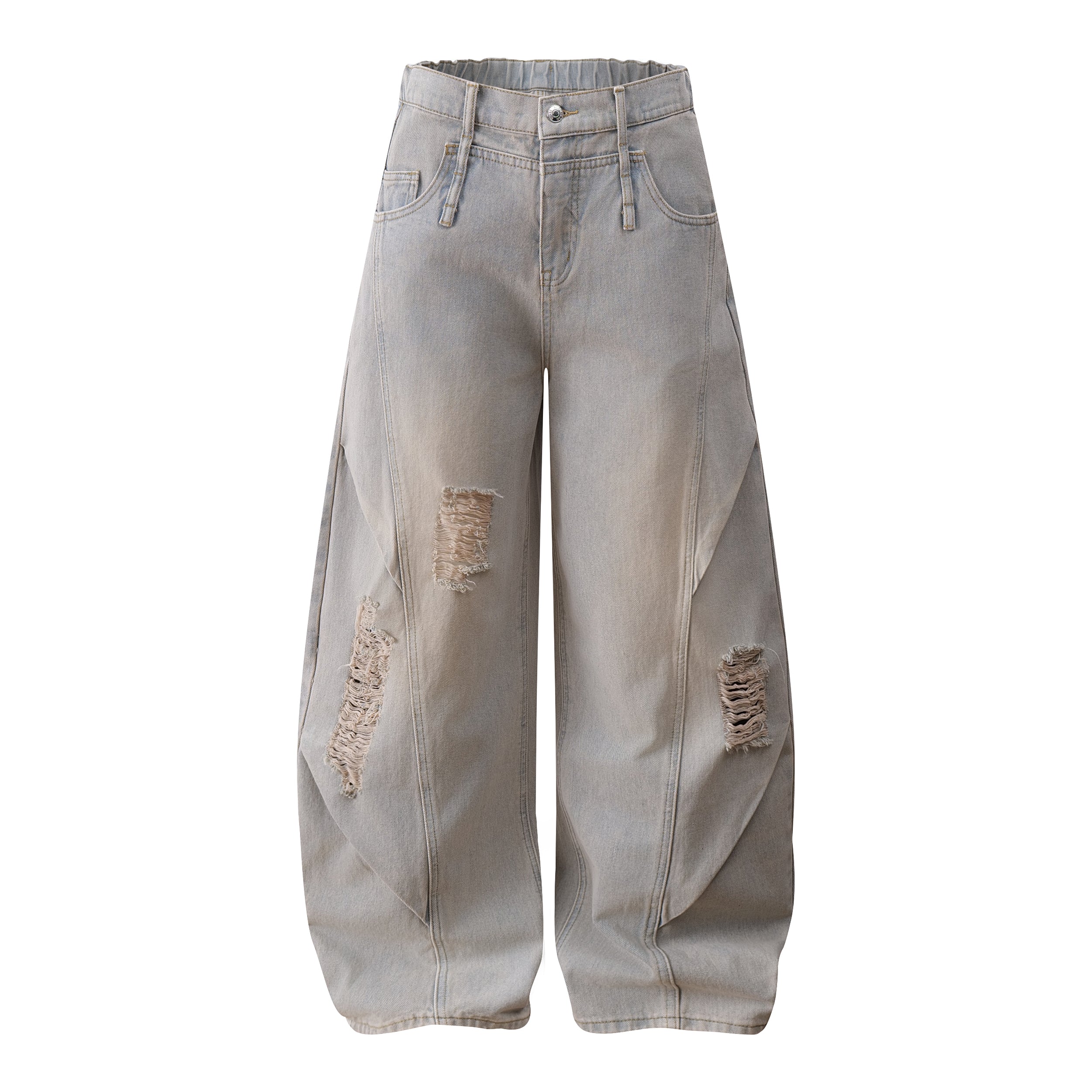 Distressed Curved Wide-Leg Jeans | Vintage Wash Streetwear