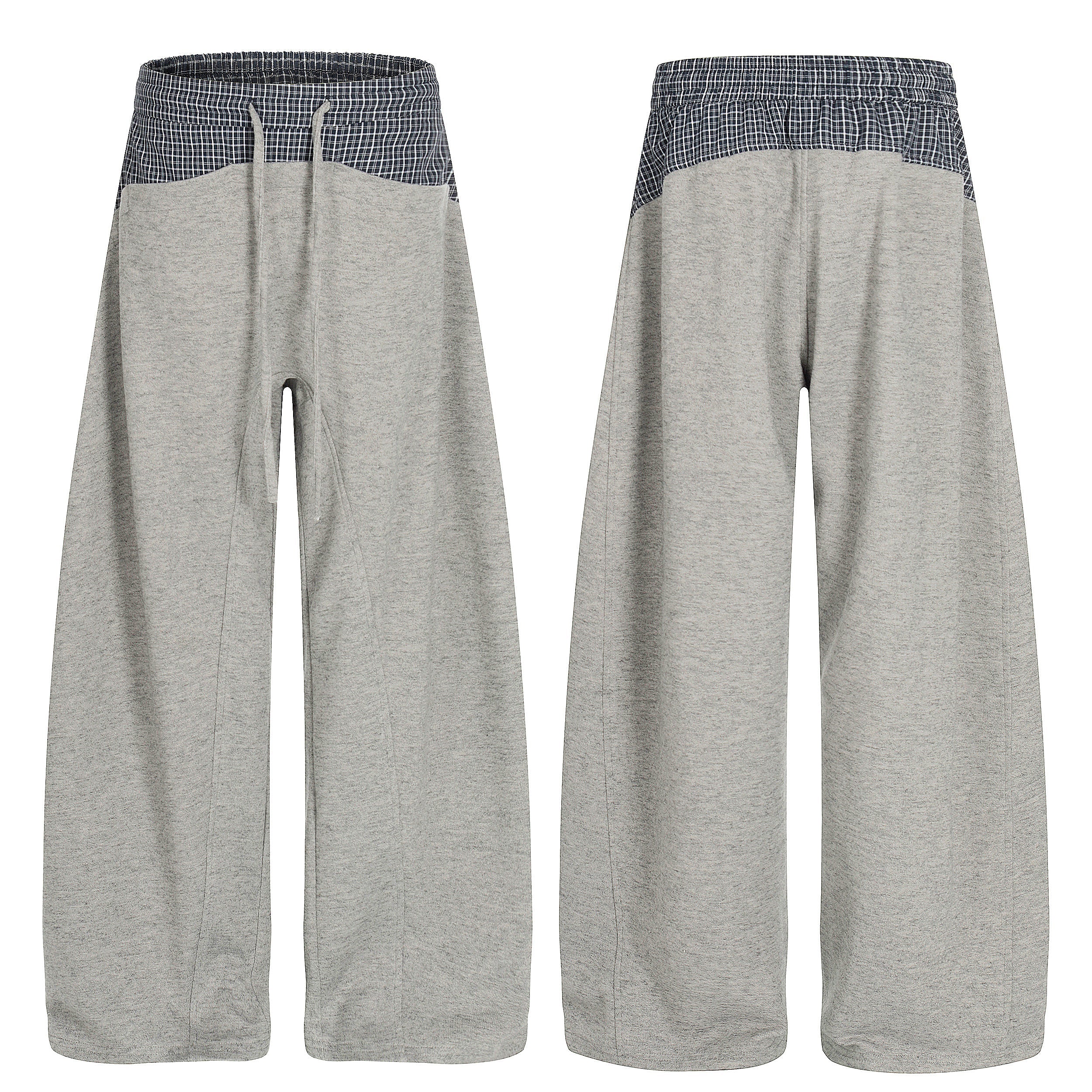 Grey wide-leg sweatpants with navy check contrast layered waistband, front and back view on white background