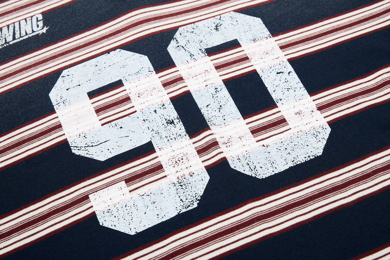 Navy vintage rugby polo shirt with maroon and white stripes and distressed oversized 90s graphic print