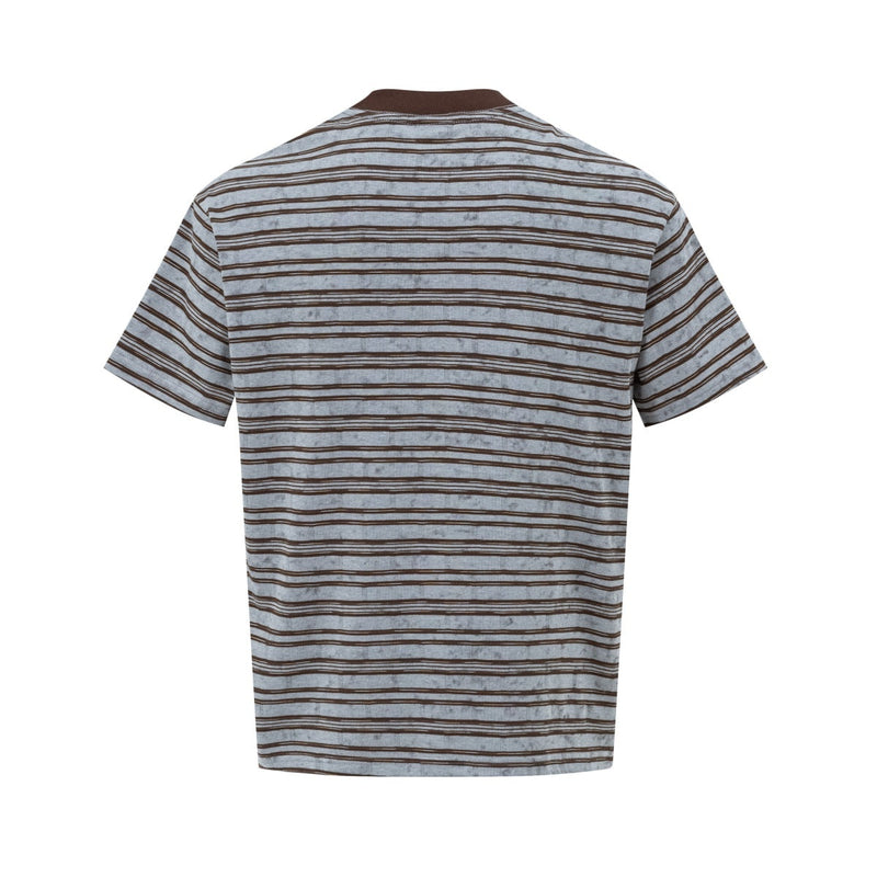 Vintage striped ringer T-shirt with brown collar and horizontal gray and brown retro sport stripes, back view