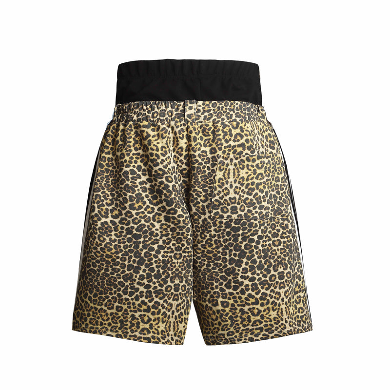 Back view of leopard print shorts with black waistband and rear patch pocket