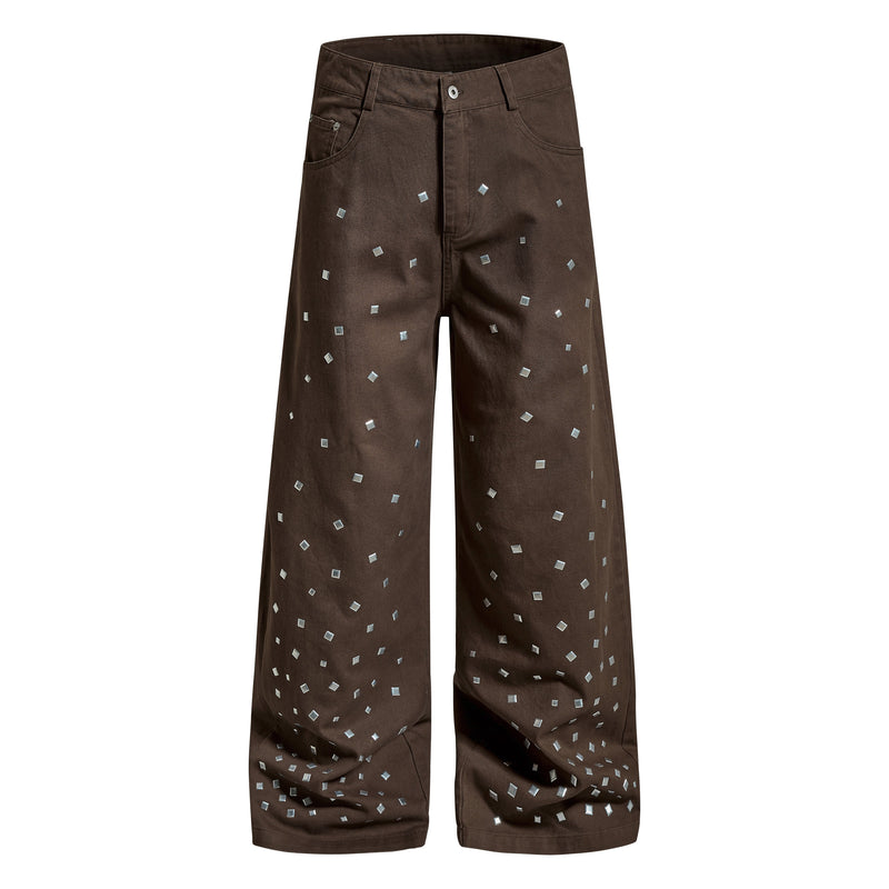 Brown wide-leg denim pants with silver stud squares, front view